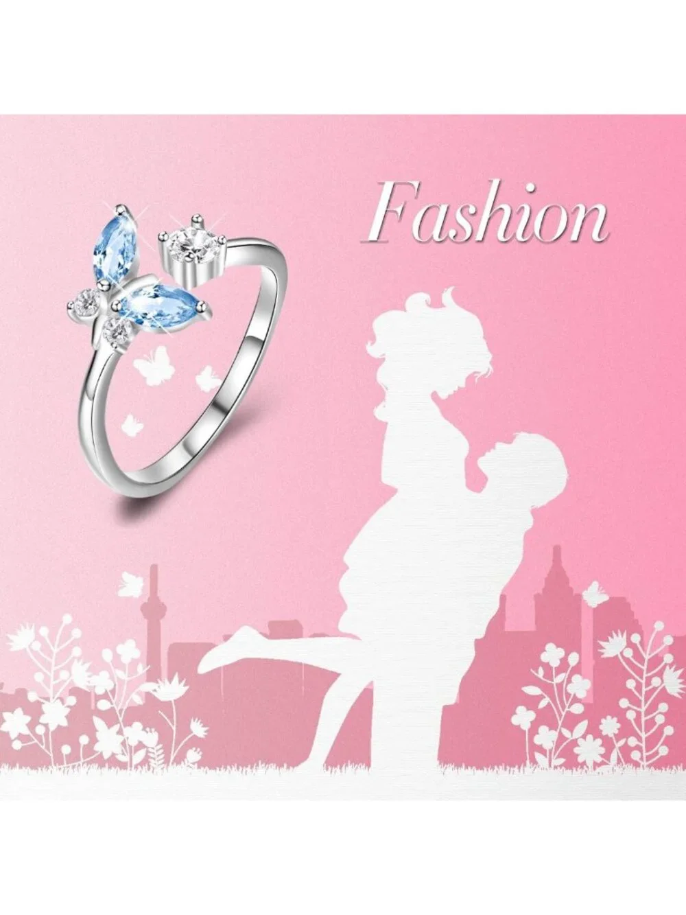 Sterling Silver Butterfly Adjustable Ring with Austrian Crystal, Size 6-10, Gift
